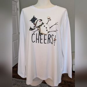 White Snowman Women's Cotton T-Shirt Cheers Graphic Long Sleeve Size XXL